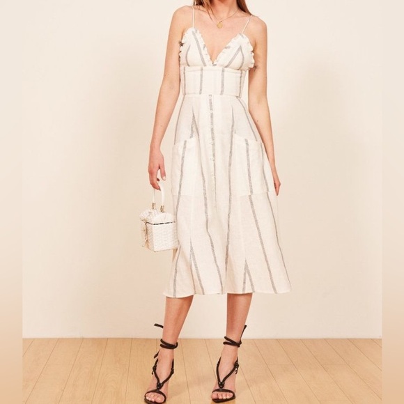 Reformation Brienne Midi Dress 100% Linen V Neck Button Black White Striped 8 - Picture 1 of 14
